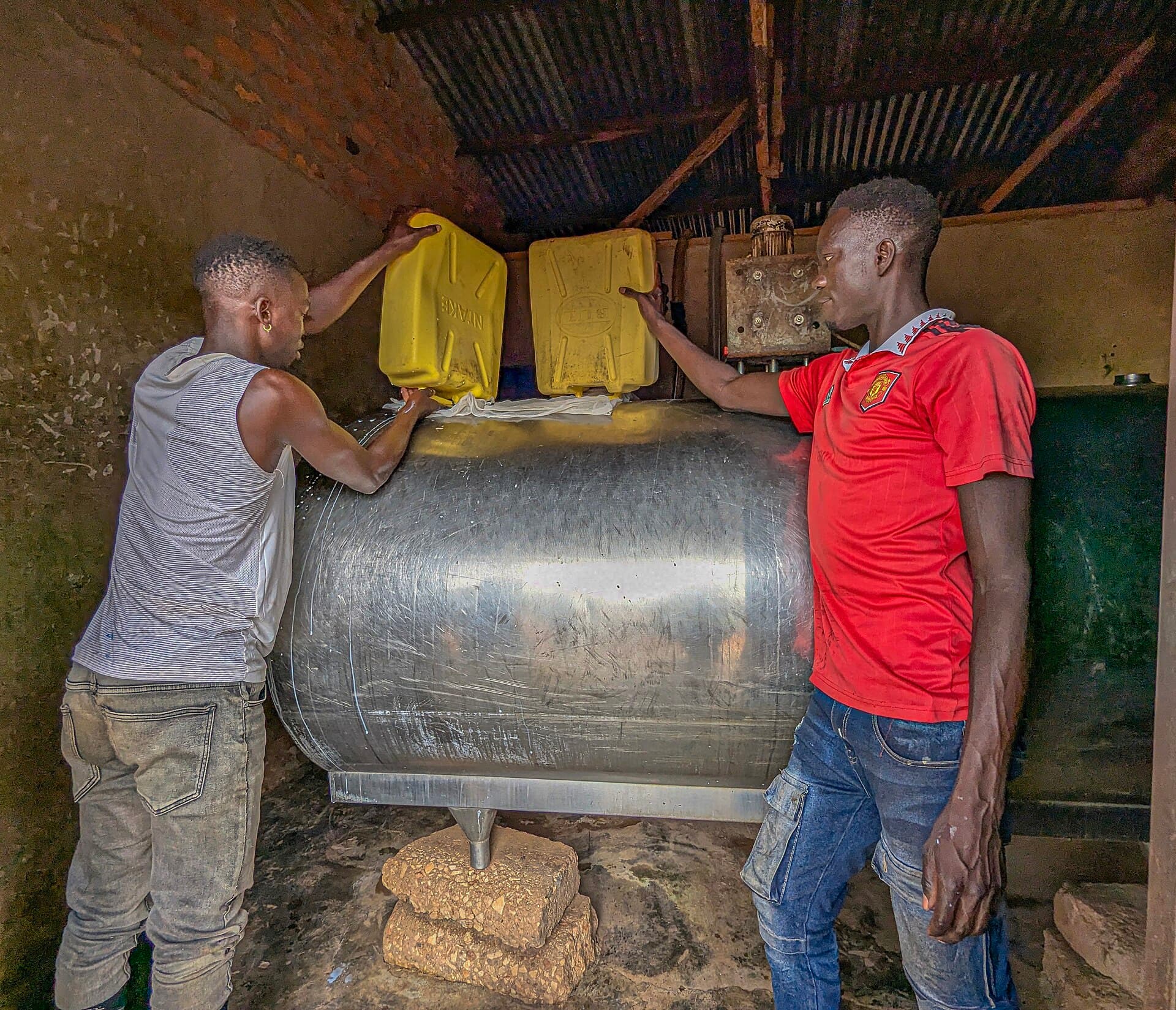 Men pouring milk at a milk cooler in Nakasongola